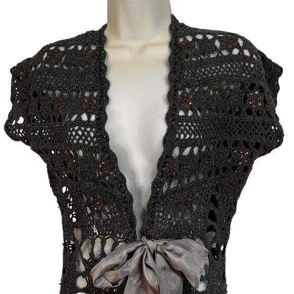 Boston Proper | XS Smoky Gray Lacy Crochet Look Open Weave Cardigan, Fabric Bow - Picture 14 of 16